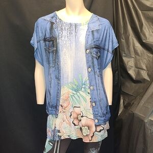 Model France Floral Denim-Look Women's Top With Gem Accents One Size Fits All